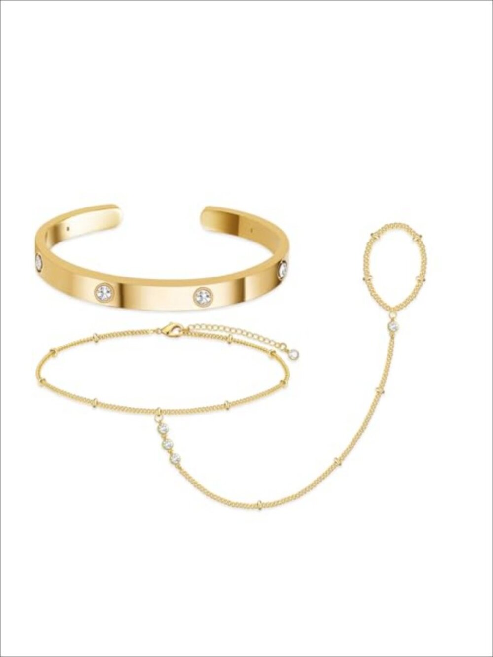 14K Gold Plated Cubic Zirconia Hand Chain & Cuff Bracelet Set Adjustable